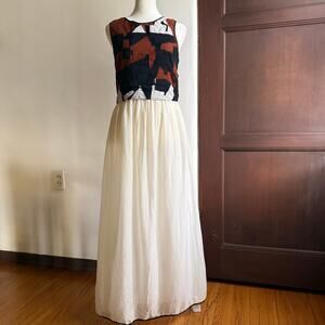 ALYSI | SIlk Cotton Brown Black and Cream Abstract Pieced bodice Midi Dress | 4